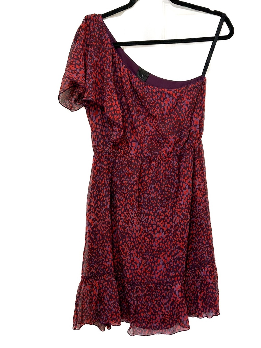 Anna Sui One Shoulder Dress Red Purple Leopard Heart Printed Silk Ruffle Sz 6